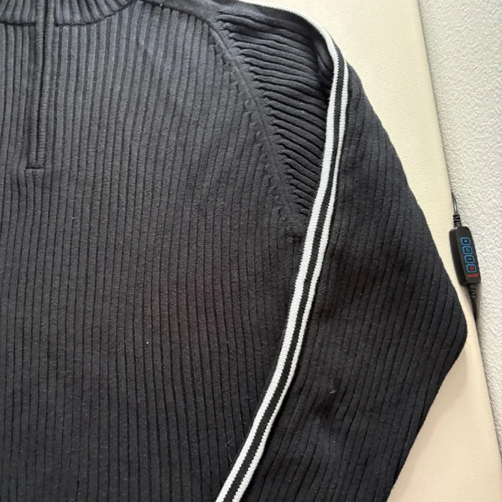 American Rag Mens XL Black Ribbed Quarter Zip Sweater Stripe Sleeve Mock Neck